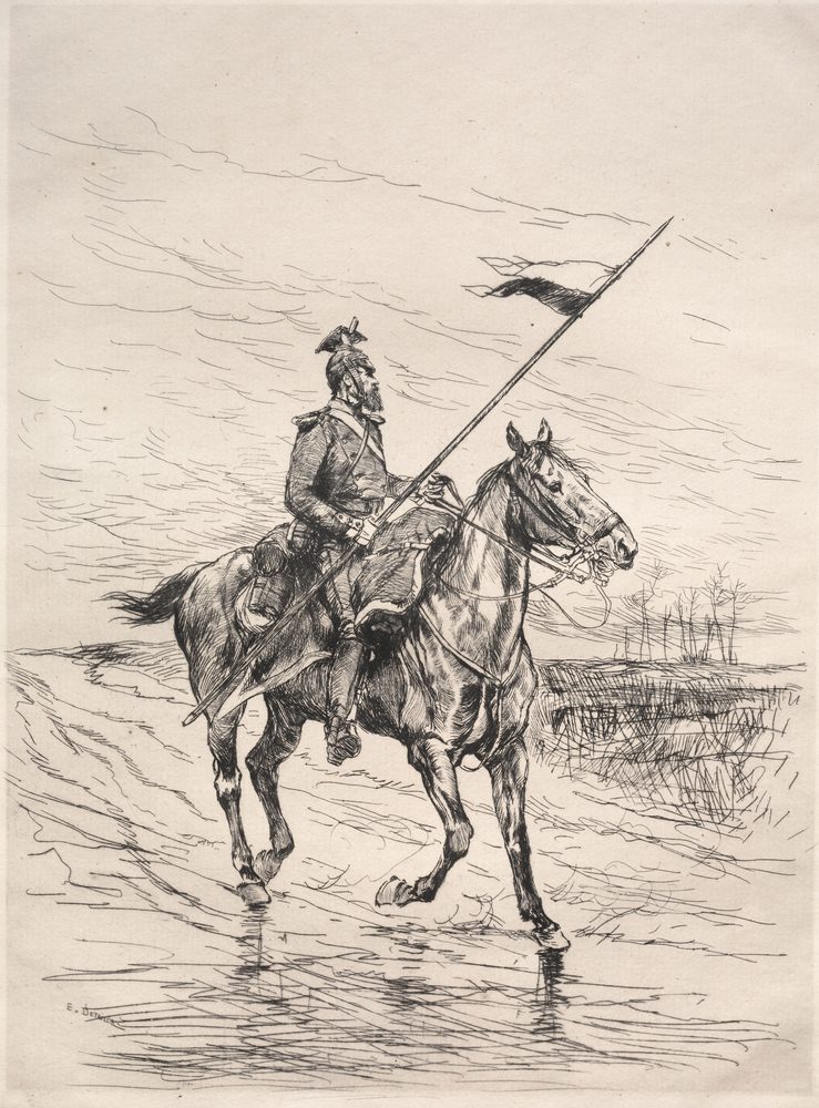 An Uhlan, an etching by Edouard Detaille, 1874: a lone lancer on a wet road