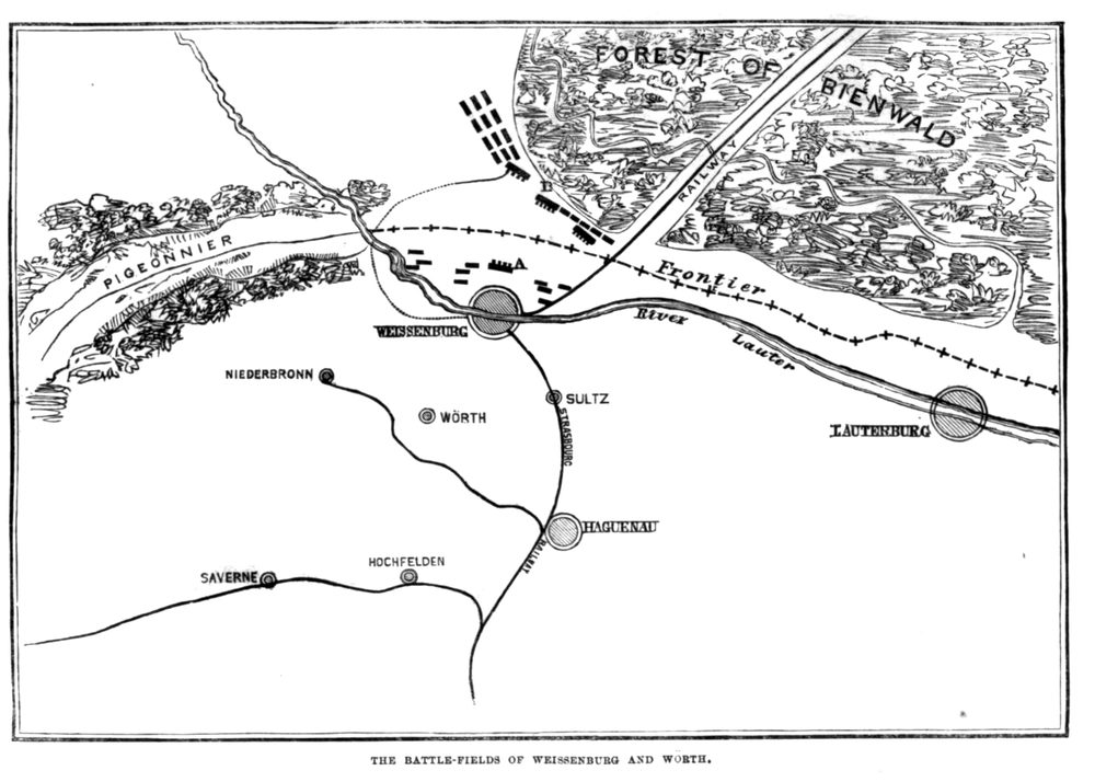 Sketch map of the battlefields of Weissenburg and W&ouml;rth with the frontier, the river Lauter and the railway