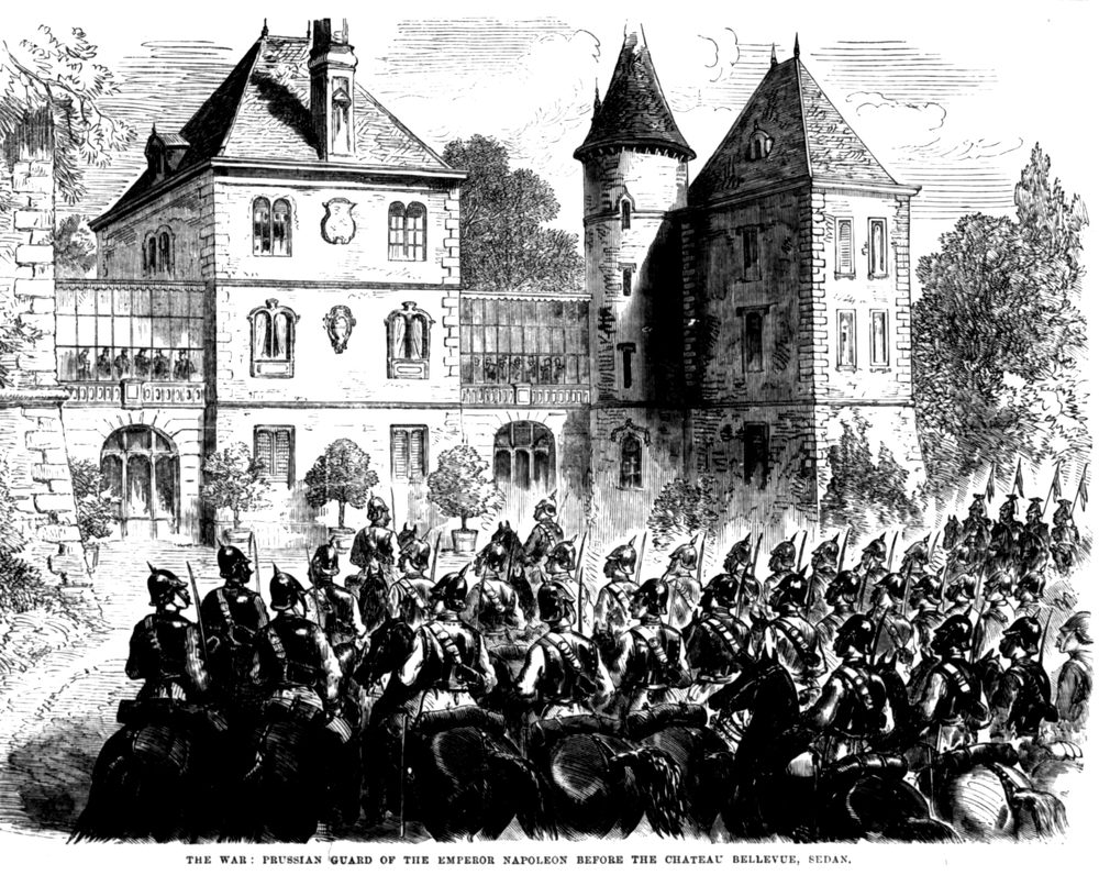 Wood engraving: mounted Prussian guards in front of the Ch&acirc;teau Bellevue at Sedan