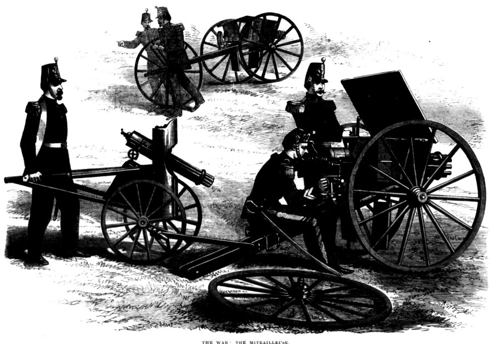 Wood engraving: a French mitrailleuse on its carriage with its crew