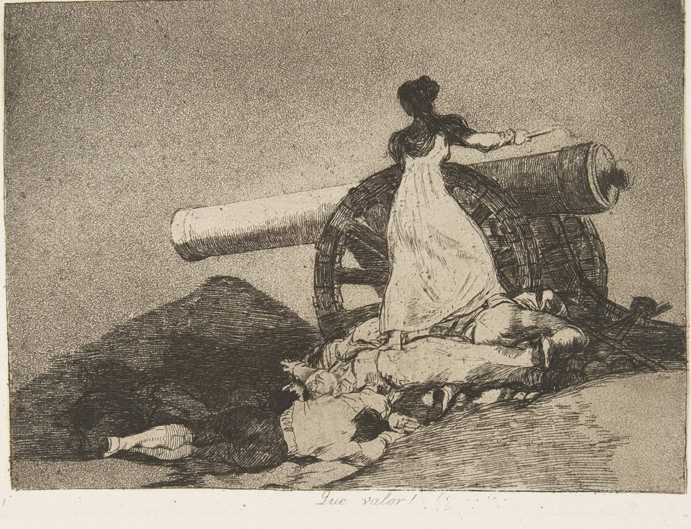 Goya&rsquo;s etching: a woman standing on fallen gunners to fire a cannon
