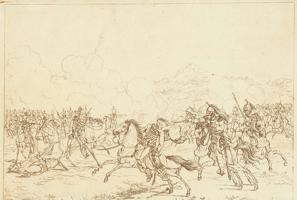 Pen drawing: cavalry clashing on a battlefield, a mounted figure falling at the centre