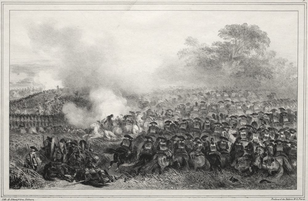 Lithograph: a mass of cuirassiers seen from behind, closing on a broken infantry square wreathed in smoke