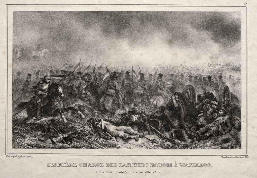 Lithograph: French lancers charging past the dead and dying, with a battery of guns and infantry in square beyond, smoke filling the sky