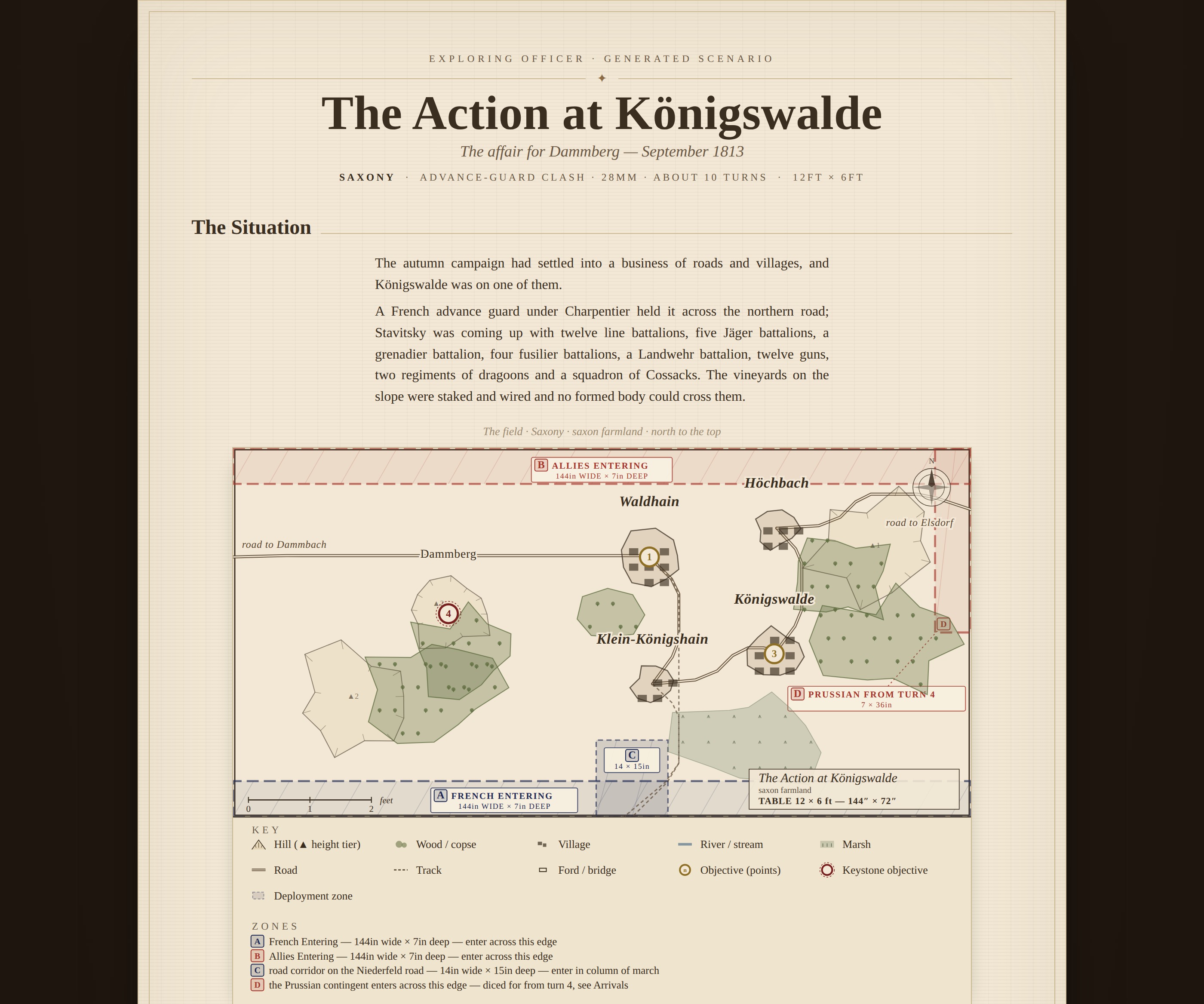 A generated scenario document: the title, the situation, and the staff map with its key and lettered zones
