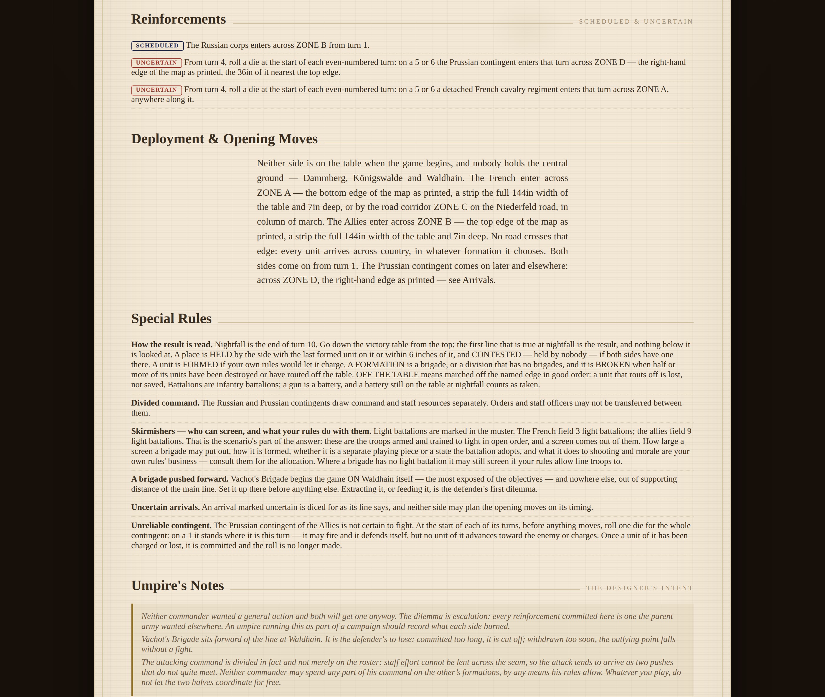 The reinforcement schedule, the deployment order, the special rules and the umpire&rsquo;s note