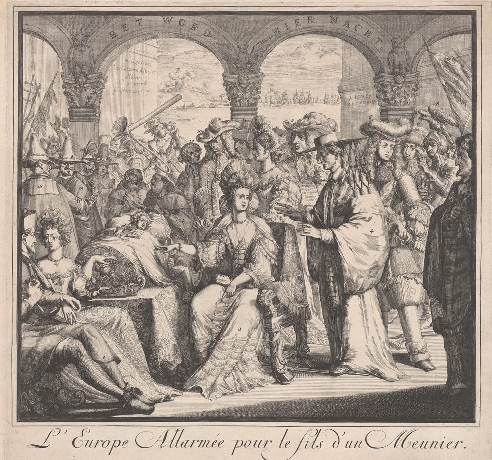 Etching by Romeyn de Hooghe: a crowded court scene under the title L&rsquo;Europe allarm&eacute;e pour le fils d&rsquo;un meunier