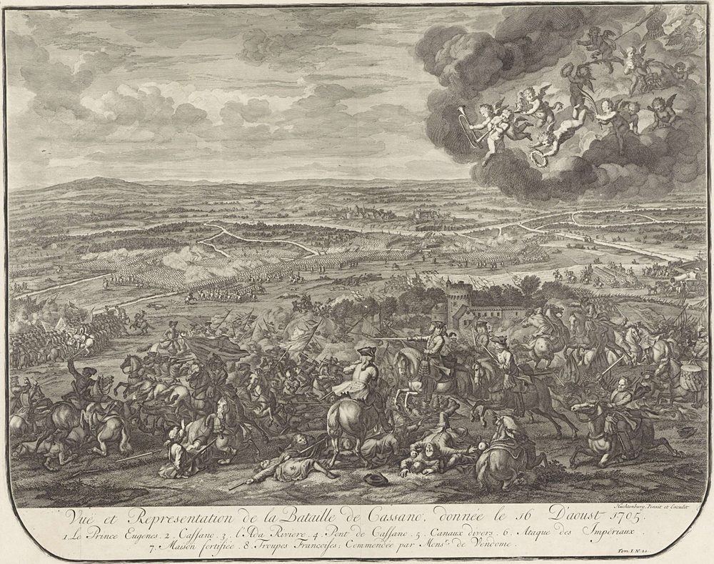 Engraved view of the battle of Cassano, 16 August 1705