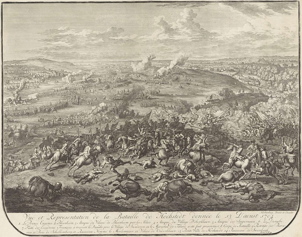 Engraved view of the battle of Hochstedt (Blenheim), 1704, with a numbered key